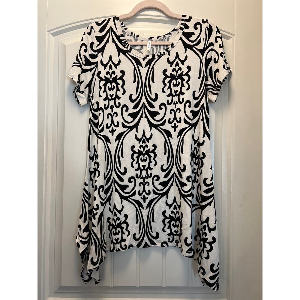 Popyoung Women’s Scoop Neck Tunic Geometric Short Sleeve Top Size M White Black - Picture 1 of 5